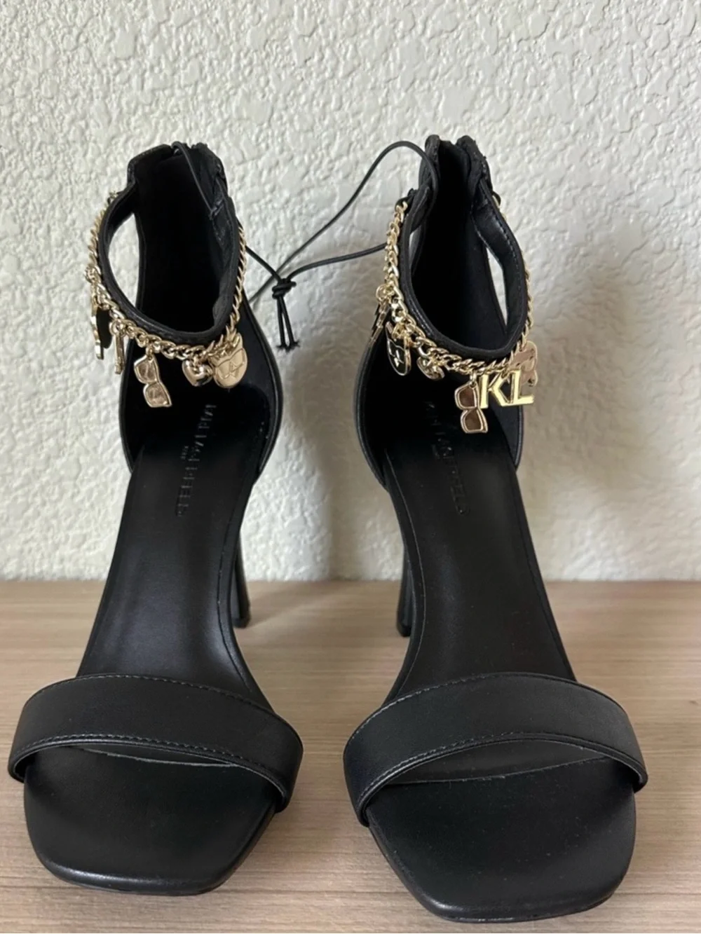 Karl Lagerfeld Black High Heel Ankle-Strap Shoes with Gold Charm Chain